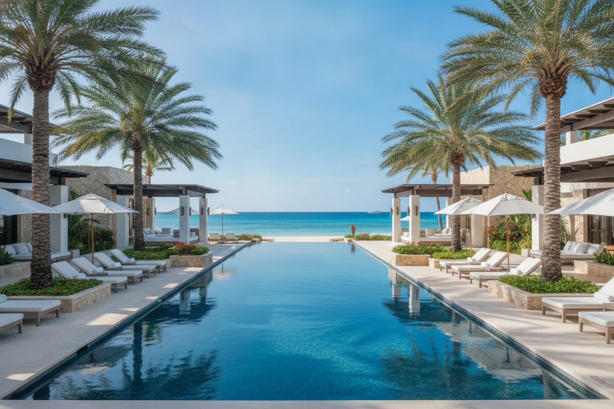 Resort infinity pool overlooking turquoise water in Providenciales